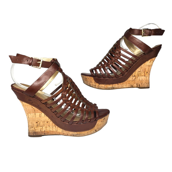 Guess Shoes 6.5 Y2k Vintage Brown Wedge Platform Gladiator Ankle Strap Heels - Picture 1 of 10